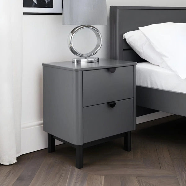 Julian Bowen Chloe 2 Drawer Bedside Table in Storm Grey with Satin Black Wooden Legs - Sleek Furniture