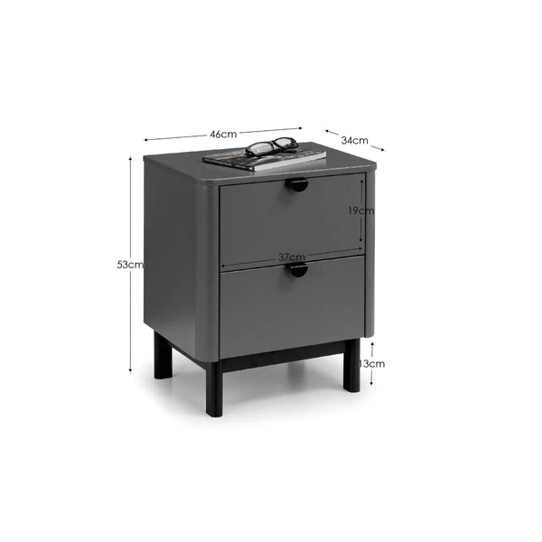 Julian Bowen Chloe 2 Drawer Bedside Table in Storm Grey with Satin Black Wooden Legs - Sleek Furniture