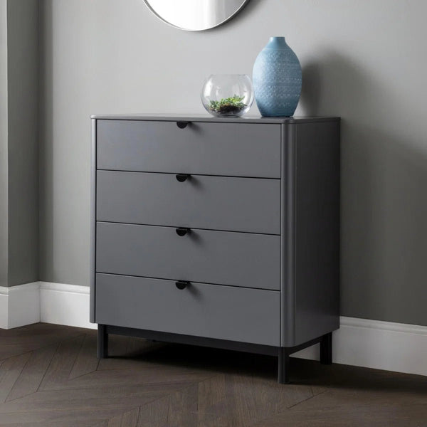 Julian Bowen Chloe 4 Drawer Chest – Storm Grey Lacquered Bedroom Storage Chest with Satin Black Wooden Legs & Handles - Sleek Furniture