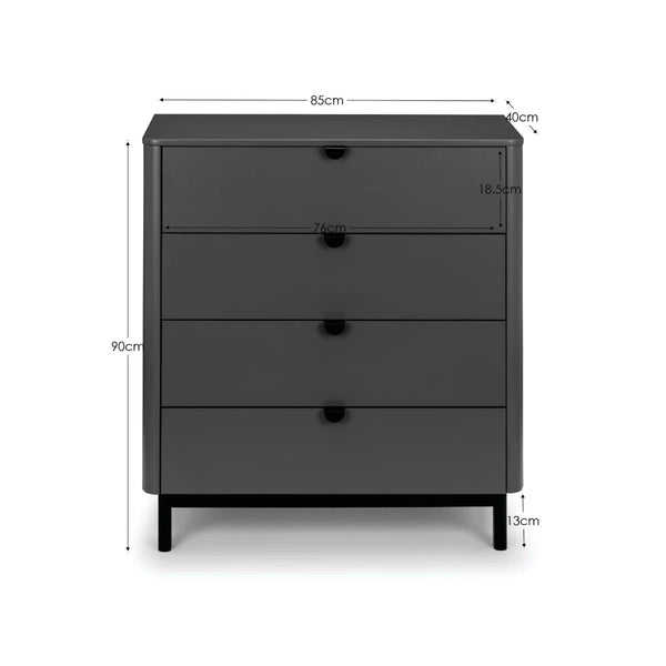 Julian Bowen Chloe 4 Drawer Chest – Storm Grey Lacquered Bedroom Storage Chest with Satin Black Wooden Legs & Handles - Sleek Furniture