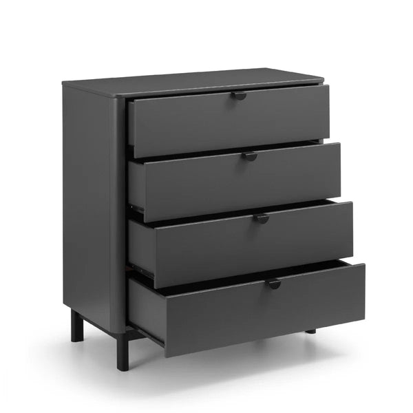 Julian Bowen Chloe 4 Drawer Chest – Storm Grey Lacquered Bedroom Storage Chest with Satin Black Wooden Legs & Handles - Sleek Furniture