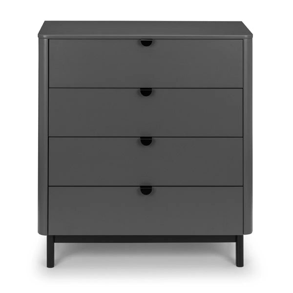 Julian Bowen Chloe 4 Drawer Chest – Storm Grey Lacquered Bedroom Storage Chest with Satin Black Wooden Legs & Handles - Sleek Furniture