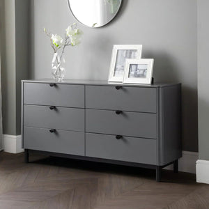 Julian Bowen Chloe 6 Drawer Wide Chest – Storm Grey Lacquered Wooden Chest of Drawers with Satin Black Legs & Handles | Modern Retro Bedroom Storage - Sleek Furniture