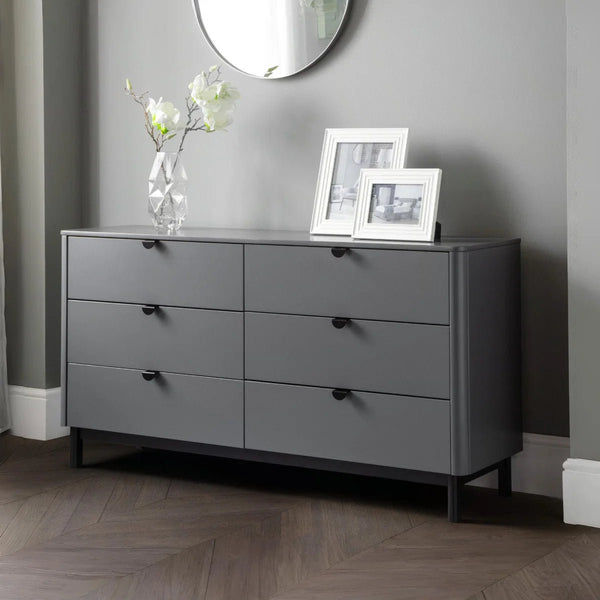 Julian Bowen Chloe 6 Drawer Wide Chest – Storm Grey Lacquered Wooden Chest of Drawers with Satin Black Legs & Handles | Modern Retro Bedroom Storage - Sleek Furniture