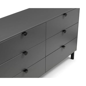 Julian Bowen Chloe 6 Drawer Wide Chest – Storm Grey Lacquered Wooden Chest of Drawers with Satin Black Legs & Handles | Modern Retro Bedroom Storage - Sleek Furniture