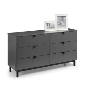 Julian Bowen Chloe 6 Drawer Wide Chest – Storm Grey Lacquered Wooden Chest of Drawers with Satin Black Legs & Handles | Modern Retro Bedroom Storage - Sleek Furniture