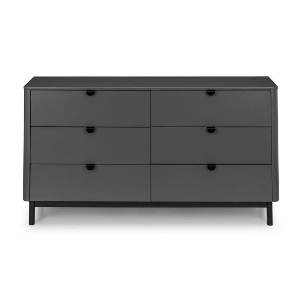 Julian Bowen Chloe 6 Drawer Wide Chest – Storm Grey Lacquered Wooden Chest of Drawers with Satin Black Legs & Handles | Modern Retro Bedroom Storage - Sleek Furniture