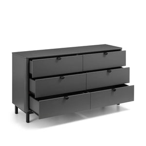 Julian Bowen Chloe 6 Drawer Wide Chest – Storm Grey Lacquered Wooden Chest of Drawers with Satin Black Legs & Handles | Modern Retro Bedroom Storage - Sleek Furniture