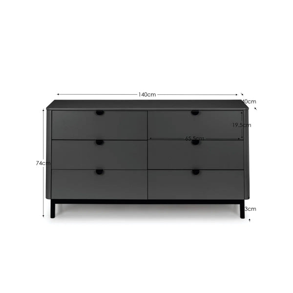 Julian Bowen Chloe 6 Drawer Wide Chest – Storm Grey Lacquered Wooden Chest of Drawers with Satin Black Legs & Handles | Modern Retro Bedroom Storage - Sleek Furniture