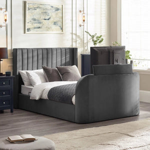 Julian Bowen Clara Dark Grey Side-Lift Ottoman TV Bed with Remote Control & Built-in Storage – Double - Sleek Furniture