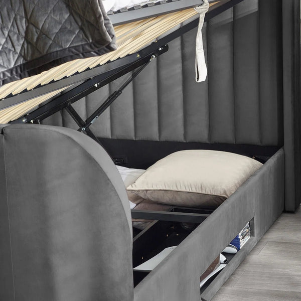 Julian Bowen Clara Dark Grey Side-Lift Ottoman TV Bed with Remote Control & Built-in Storage – Double - Sleek Furniture