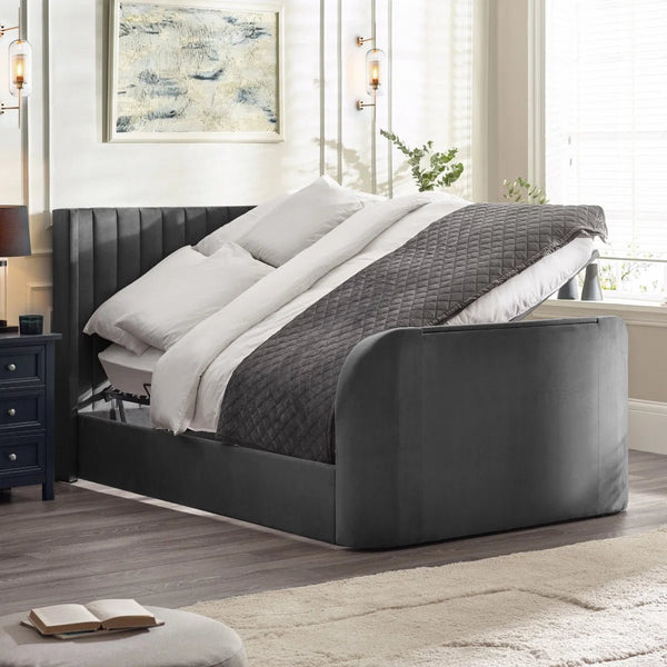 Julian Bowen Clara Side Lift Ottoman TV Bed with Remote Control – Dark Grey Fabric Frame, Hidden TV Lift, Side Storage Drawer – Double - Sleek Furniture