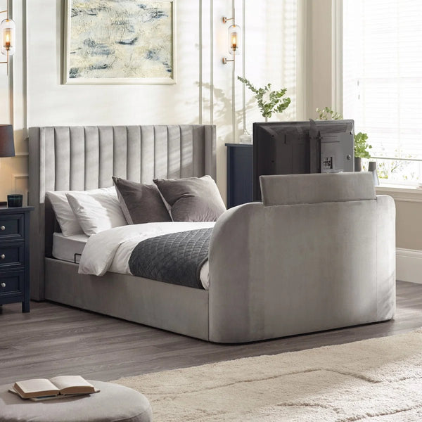 Julian Bowen Clara Side Lift Ottoman TV Bed with Storage Drawer – Light Grey Upholstered Frame - Sleek Furniture