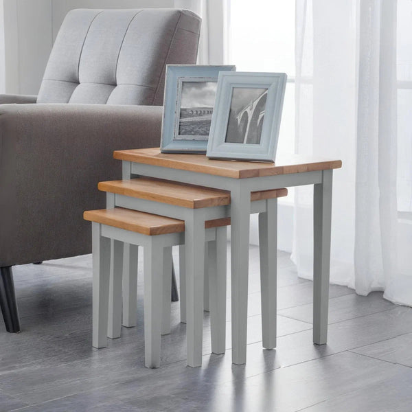 Julian Bowen Cleo Grey & Oak Nest of 3 Tables – Solid Malaysian Hardwood Living Room Side Tables - Sleek Furniture