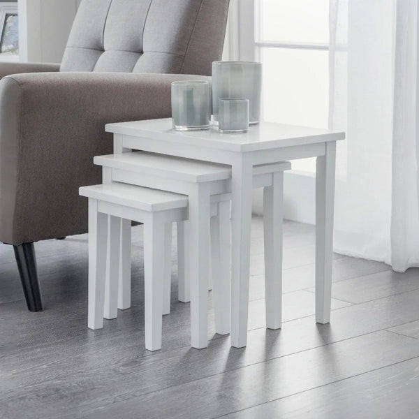 Julian Bowen Cleo White Solid Rubberwood Nest of 3 Tables – Space Saving Painted Wooden Side Table Set - Sleek Furniture