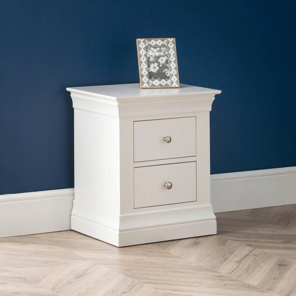 Julian Bowen Clermont 2 Drawer Bedside Table in Surf White – Solid Pine & MDF Nightstand with Brushed Steel Handles - Sleek Furniture