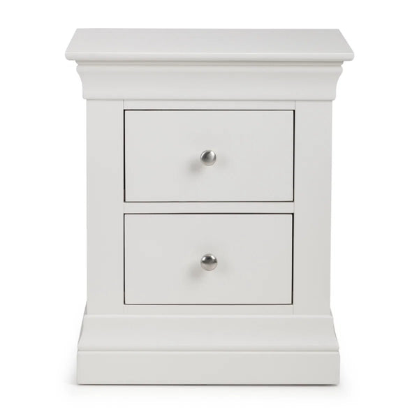 Julian Bowen Clermont 2 Drawer Bedside Table in Surf White – Solid Pine & MDF Nightstand with Brushed Steel Handles - Sleek Furniture