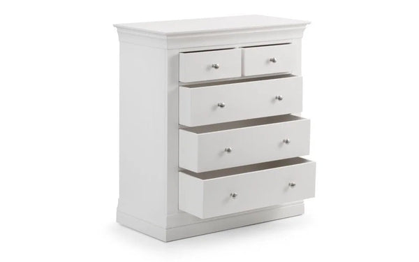 Julian Bowen Clermont 3+2 Drawer Chest in White Lacquer with Pine & MDF Construction - Sleek Furniture