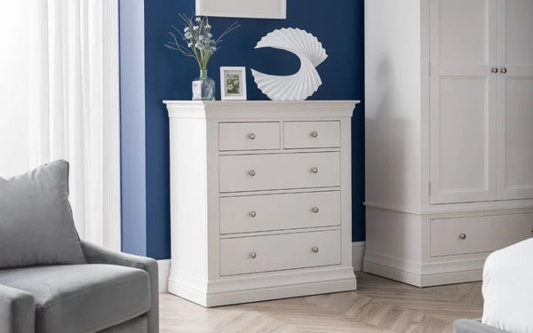 Julian Bowen Clermont 3+2 Drawer Chest in White Lacquer with Pine & MDF Construction - Sleek Furniture