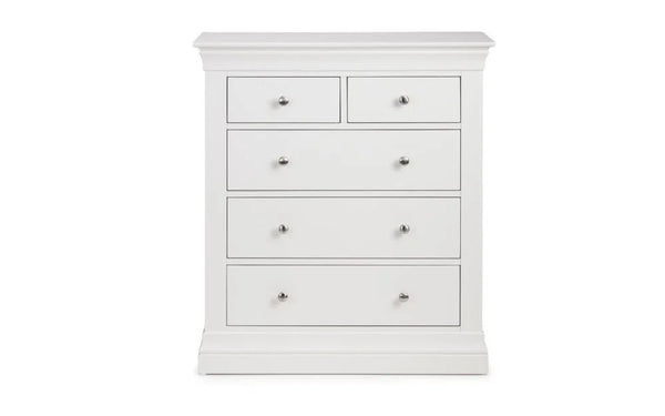 Julian Bowen Clermont 3+2 Drawer Chest in White Lacquer with Pine & MDF Construction - Sleek Furniture