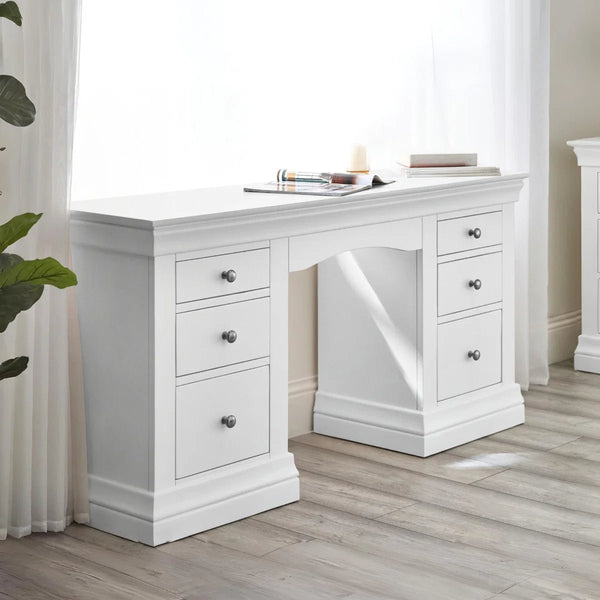 Julian Bowen Clermont Surf White Dressing Table with 6 Storage Drawers – French Inspired Wooden Vanity Table - Sleek Furniture