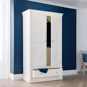 Julian Bowen Clermont White 2 Door 1 Drawer Wooden Wardrobe with Hanging Rail and Full-Width Storage Drawer - Sleek Furniture