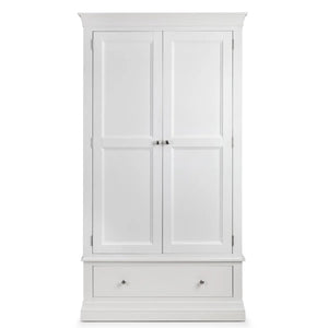Julian Bowen Clermont White 2 Door 1 Drawer Wooden Wardrobe with Hanging Rail and Full-Width Storage Drawer - Sleek Furniture