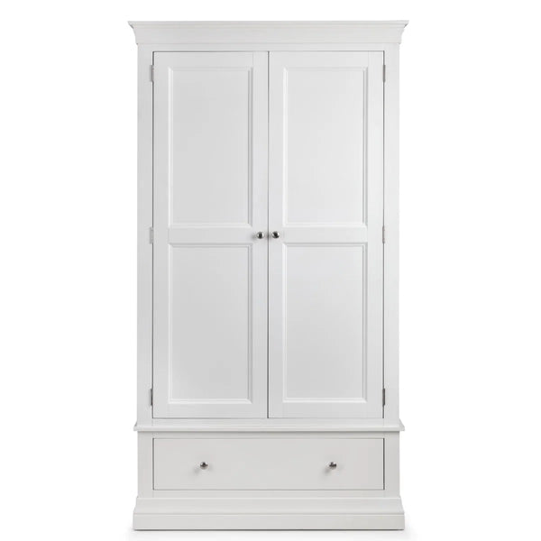 Julian Bowen Clermont White 2 Door 1 Drawer Wooden Wardrobe with Hanging Rail and Full-Width Storage Drawer - Sleek Furniture