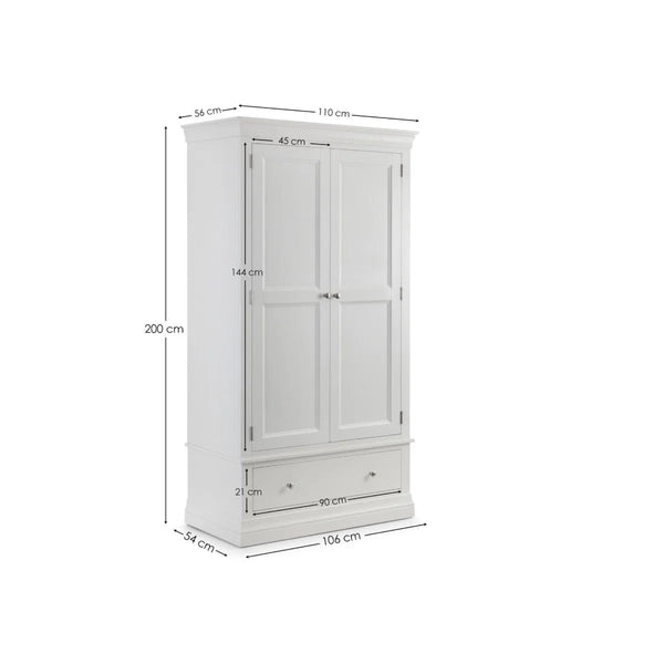 Julian Bowen Clermont White 2 Door 1 Drawer Wooden Wardrobe with Hanging Rail and Full-Width Storage Drawer - Sleek Furniture