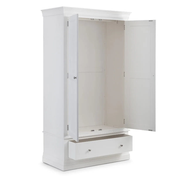 Julian Bowen Clermont White 2 Door 1 Drawer Wooden Wardrobe with Hanging Rail and Full-Width Storage Drawer - Sleek Furniture