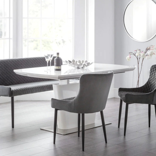 Julian Bowen Como White High Gloss Extending Dining Table with Chrome Pedestal Base (160-200cm) - Sleek Furniture