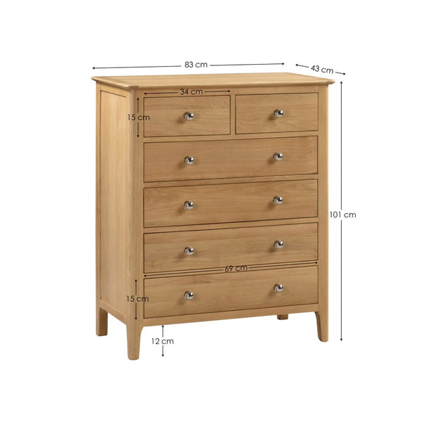 Julian Bowen Cotswold 4+2 Drawer Chest - Solid Oak & Oak Veneers Bedroom Storage Cabinet with 6 Spacious Drawers, Silver Knobs, Traditional Wooden Chest of Drawers - Sleek Furniture