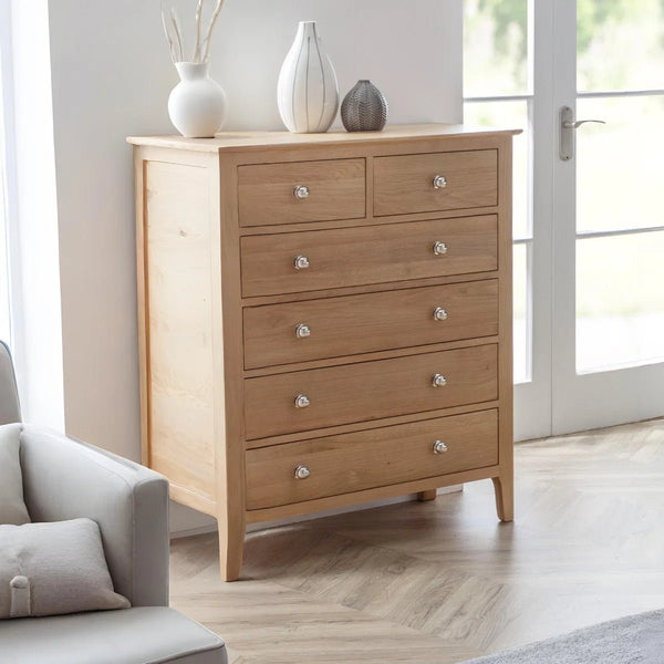 Julian Bowen Cotswold 4+2 Drawer Chest - Solid Oak & Oak Veneers Bedroom Storage Cabinet with 6 Spacious Drawers, Silver Knobs, Traditional Wooden Chest of Drawers - Sleek Furniture