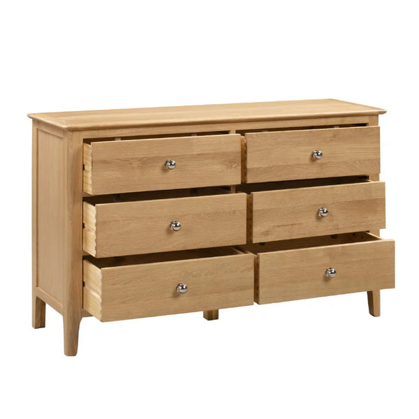 Julian Bowen Cotswold 6 Drawer Wide Chest – Solid Oak & Oak Veneers Bedroom Storage Cabinet with 6 Deep Drawers, Silver Knobs, Traditional Wooden Chest of Drawers - Sleek Furniture