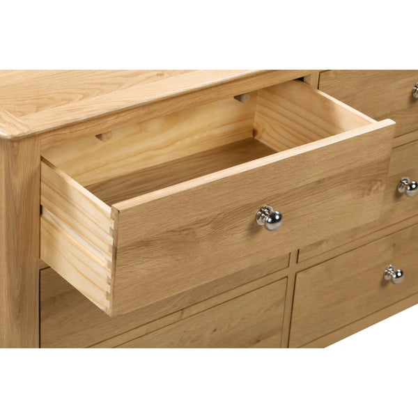 Julian Bowen Cotswold 6 Drawer Wide Chest – Solid Oak & Oak Veneers Bedroom Storage Cabinet with 6 Deep Drawers, Silver Knobs, Traditional Wooden Chest of Drawers - Sleek Furniture