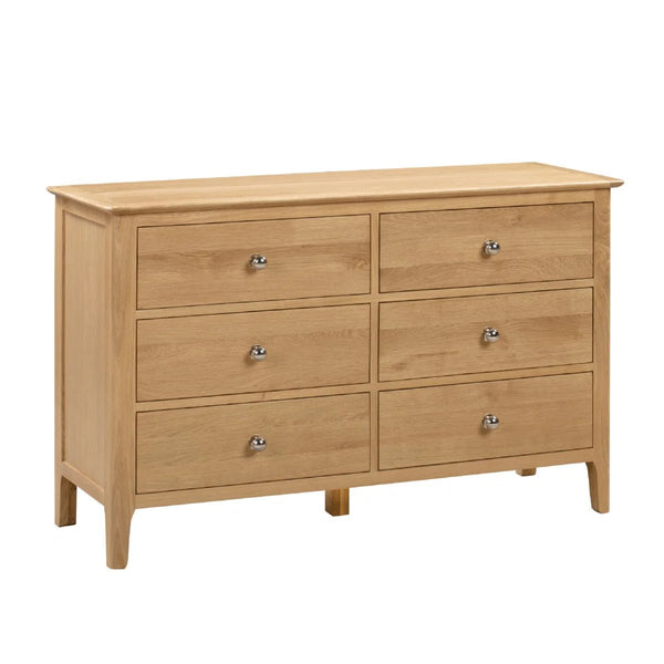Julian Bowen Cotswold 6 Drawer Wide Chest – Solid Oak & Oak Veneers Bedroom Storage Cabinet with 6 Deep Drawers, Silver Knobs, Traditional Wooden Chest of Drawers - Sleek Furniture