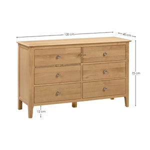 Julian Bowen Cotswold 6 Drawer Wide Chest – Solid Oak & Oak Veneers Bedroom Storage Cabinet with 6 Deep Drawers, Silver Knobs, Traditional Wooden Chest of Drawers - Sleek Furniture