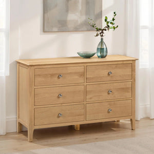 Julian Bowen Cotswold 6 Drawer Wide Chest – Solid Oak & Oak Veneers Bedroom Storage Cabinet with 6 Deep Drawers, Silver Knobs, Traditional Wooden Chest of Drawers - Sleek Furniture