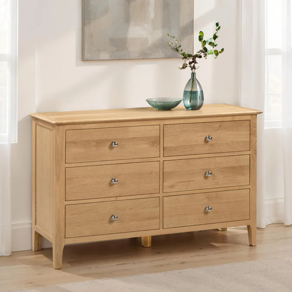 Julian Bowen Cotswold 6 Drawer Wide Chest – Solid Oak & Oak Veneers Bedroom Storage Cabinet with 6 Deep Drawers, Silver Knobs, Traditional Wooden Chest of Drawers - Sleek Furniture