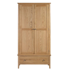 Julian Bowen Cotswold Solid Oak 2 Door 1 Drawer Wooden Wardrobe with Hanging Rail for Bedroom Storage - Sleek Furniture