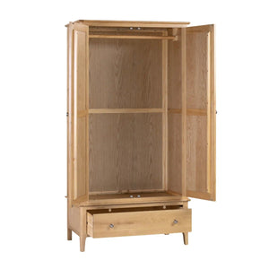 Julian Bowen Cotswold Solid Oak 2 Door 1 Drawer Wooden Wardrobe with Hanging Rail for Bedroom Storage - Sleek Furniture