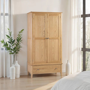 Julian Bowen Cotswold Solid Oak 2 Door 1 Drawer Wooden Wardrobe with Hanging Rail for Bedroom Storage - Sleek Furniture