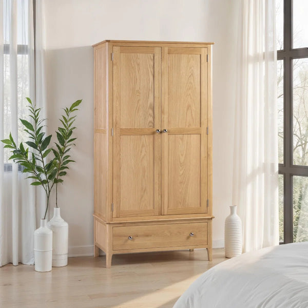 Julian Bowen Cotswold Solid Oak 2 Door 1 Drawer Wooden Wardrobe with Hanging Rail for Bedroom Storage - Sleek Furniture