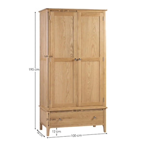 Julian Bowen Cotswold Solid Oak 2 Door 1 Drawer Wooden Wardrobe with Hanging Rail for Bedroom Storage - Sleek Furniture