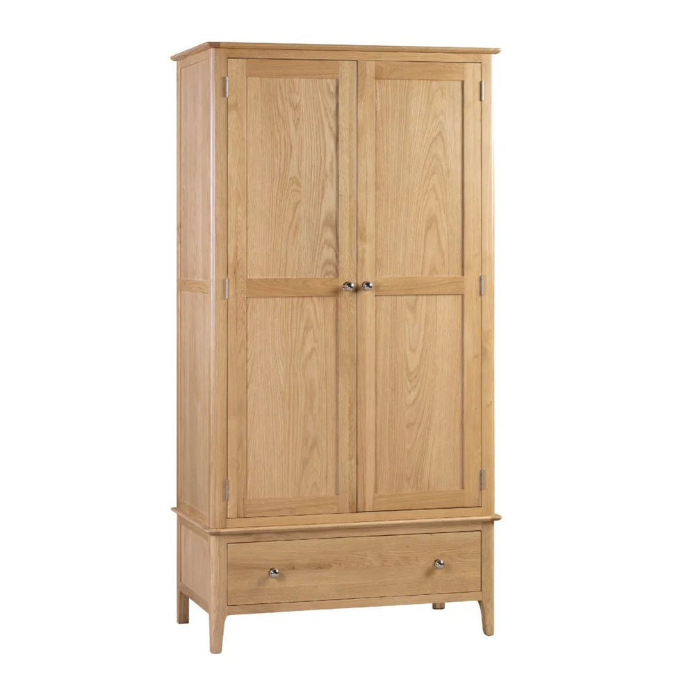 Julian Bowen Cotswold Solid Oak 2 Door 1 Drawer Wooden Wardrobe with Hanging Rail for Bedroom Storage - Sleek Furniture