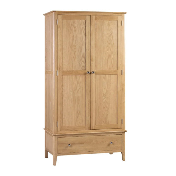 Julian Bowen Cotswold Solid Oak 2 Door 1 Drawer Wooden Wardrobe with Hanging Rail for Bedroom Storage - Sleek Furniture