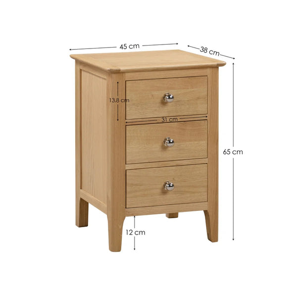 Julian Bowen Cotswold Solid Oak 3 Drawer Bedside Table with Oak Veneers & Silver Knobs - Sleek Furniture