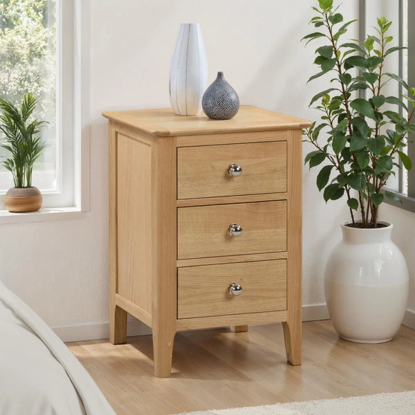 Julian Bowen Cotswold Solid Oak 3 Drawer Bedside Table with Oak Veneers & Silver Knobs - Sleek Furniture