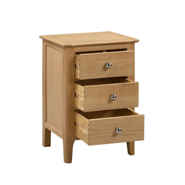 Julian Bowen Cotswold Solid Oak 3 Drawer Bedside Table with Oak Veneers & Silver Knobs - Sleek Furniture