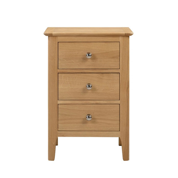 Julian Bowen Cotswold Solid Oak 3 Drawer Bedside Table with Oak Veneers & Silver Knobs - Sleek Furniture